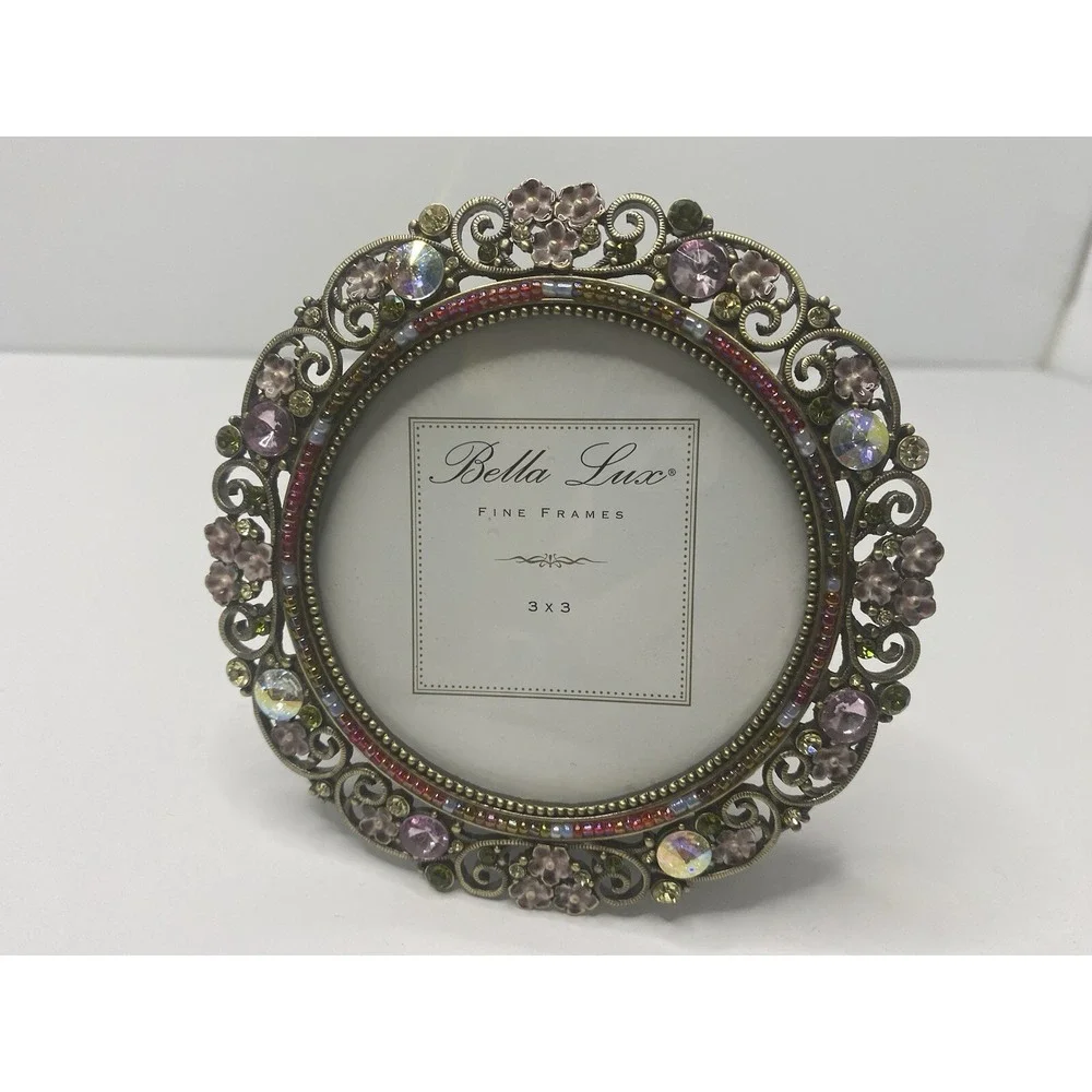 Bella Lux Round Picture Frame Pink Rhinestones Beaded‎ 3 X 3